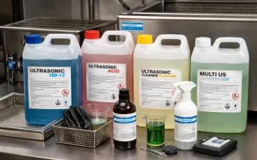 garrafas y botellas de detergente para limpieza por ultrasonidos sobre mesa de acero junto a cuba ultrasonica y material de dosificacion