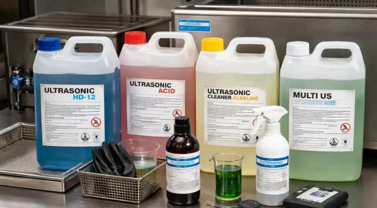 garrafas y botellas de detergente para limpieza por ultrasonidos sobre mesa de acero junto a cuba ultrasonica y material de dosificacion